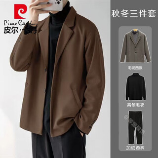 Pierre cardin (pierre cardin) autumn and winter woolen blazer men's high-end light mature style suit thickened woolen coat korean style casual suit brown woolen + black sweater + plush velvet trousers three 2xl