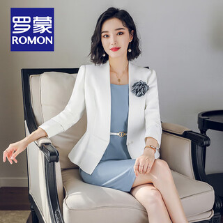 Romon professional attire small suit new suit temperament goddess ol fashion work suit stewardess uniform work clothes formal white suit + blue short pomelo dress l free white belt