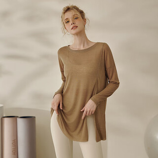 Luluuvttoh loose sports top women's breathable running pilates training fitness cover-up long hip-covering yoga wear long-sleeved khaki brown l/xl