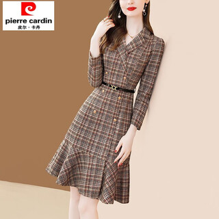 Chudiao temperament plaid suit collar dress for women 2025 autumn and winter new style waist tie mid-length fishtail a-line skirt color xl