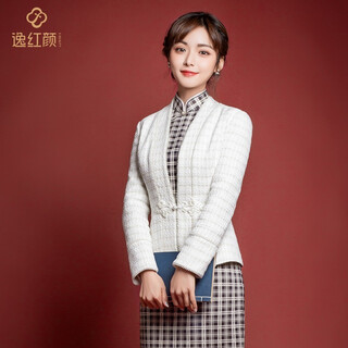 E.beauty mingshuang 2025 autumn new thickened small fragrant style tweed plaid cheongsam short coat milk white xl xl