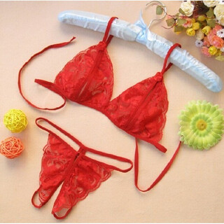 Long night sexy lingerie sexy three-point temptation women's lace open panties transparent thong set red