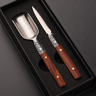 Take tea leaves from the simple damascus stainless steel tea spoon tea clip kung fu tea set accessories six gentlemen set tea cake opening tool red rosewood shield stainless steel 2-piece set