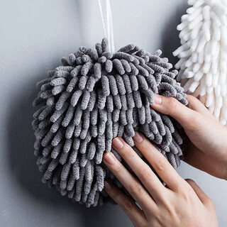 Japanese chenille hand ball hanging hand towel kitchen thickened water-absorbent quick-drying bathroom cute hand rag white + gray 2 pack
