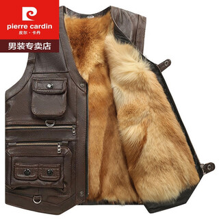 Pierre cardin cowhide vest and fur integrated men's leather vest for young and middle-aged people, winter fur and wool vest, brown cowhide + yellow hair liner xl (recommended 95-125jin jin is equal to 0.5 kg)