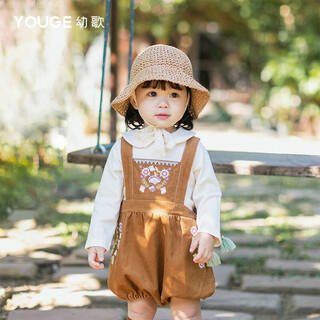 Youge (youge) overalls for boys and girls, spring and autumn new baby corduroy pants, infant and toddler embroidered suspender pants, earthy yellow 1 90 cm