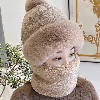 Haoguan (haoguan) hat women's autumn and winter wool hat new warm cycling windproof mask cold protection thickened neck protector scarf integrated light coffee one size elastic