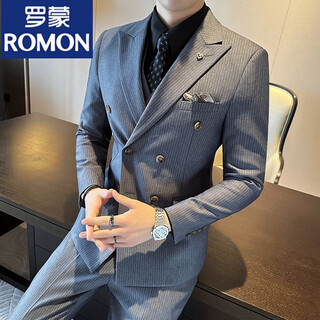 Romon business slim peaked lapel double-breasted suit men's commuting casual groom wedding dress suit three-piece set gray blue suit+trousers (xl)