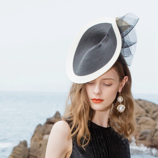 Ee party hat spring and summer new style british ponytail yarn elegant party hat for women 2396 black and white contrasting colors no head size limit