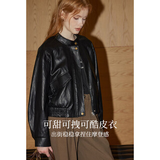 Kuhnmarvin fashionable stand-up collar pu leather jacket for women 2024 autumn and winter new sweet and cool relaxed retro jacket k35996 black m