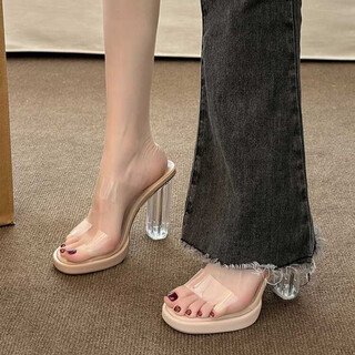 Nine-inch sunshine small heels women's 2025 summer new transparent design thick heel crystal sandals waterproof platform sandals nude color 7cm (code 38)