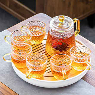 Porcelain brand tea set, hammered glass tea set, simple japanese style high temperature resistant kung fu tea cup, office teapot, tea tray small set, hammered elegant 7-piece set + round melamine plate, 8 pieces