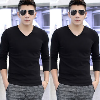 Shanshili 2-piece long-sleeved t-shirt men's v-neck solid color thin black trendy autumn clothes slim bottoming shirt spring and summer v-neck black v-neck black xl 108-125jin jin equals 0.5 kg