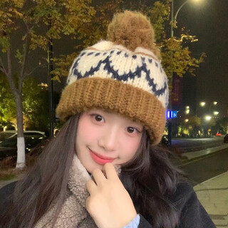 Miao yijia hat women's winter women's woolen hat knitted hat wool ball warm winter coldproof hat girls cotton hat winter brown hair ball maillard wool hat one size - elastic