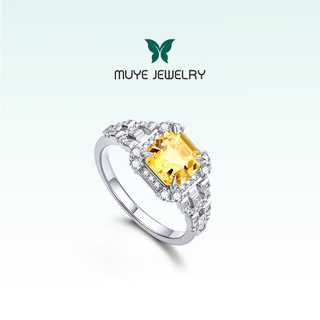 Muye natural colored treasure 925 silver asscher citrine ring for women dougong ring original design jewelry 13-14# 1.74 carat