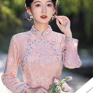 Du yanzhi's long-term velvet cheongsam, high-end, autumn and winter, high-end, long-sleeved, new chinese style, daily cheongsam, pink, regular, l 100-110jin jin is equal to 0.5kg (height standard of 1.6 meters)