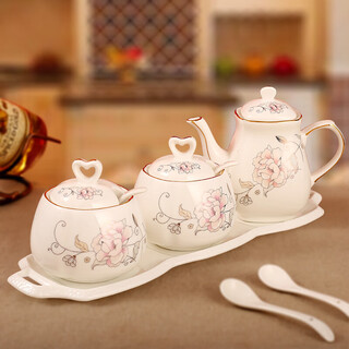 Porcelain beauty seasoning jar kitchen supplies seasoning box ceramic seasoning jar box storage jar 21 combination set seasoning bottle old model 2+1 golden peony