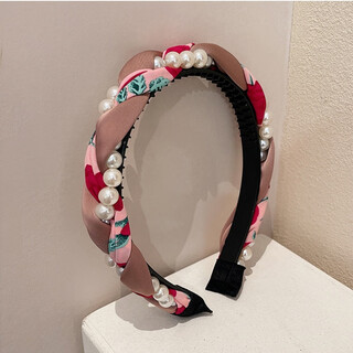 Buck lele french contrasting color twist braided headband retro hong kong style pearl internet celebrity hairpin high-end headband hair accessories wholesale pink pearl twist headband