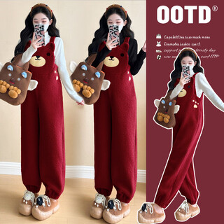 Maternity pants autumn and winter suit new style going out large size plus velvet thickened maternity wear autumn and winter warm pants overalls for women red overalls (single piece) xl recommended 135-150jin jin equals 0.5 kg