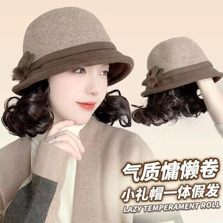 Gu wenlun's hat with wig, autumn and winter wig all-in-one women's fashionable middle-aged and elderly mother's hat with short curly hair, versatile brown hat, dark brown short curls