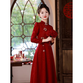 Lanka roni long-sleeved toast dress bride burgundy improved cheongsam 2025 new high-end engagement wedding dress new chinese style women burgundy long m