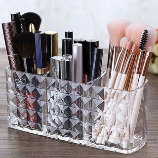 Fengcaoji dressing table makeup brush barrel transparent beauty eyebrow pencil brush barrel lipstick powder puff cosmetics storage box thickened stone pattern three grids