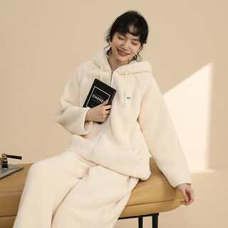 Admire autumn and summer new couple pajamas, winter velvet women can wear outside, warm home clothes set plus velvet, ivory white, female m