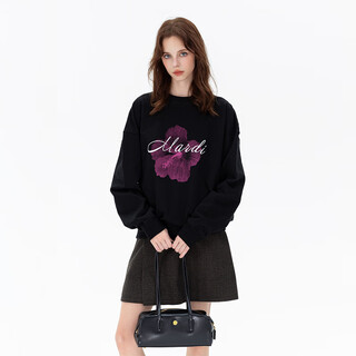 Mardi niche trendy brand 2024 spring and autumn new ink flower round neck sweatshirt casual loose versatile versatile slim korean top pf601 black s