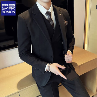 Romon woolen suit men's autumn and winter suit men's business formal thickened groom wedding suit three-piece set black three-piece set + white shirt free tie xl