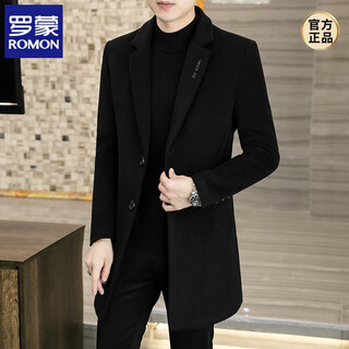 Romon woolen coat men's korean style slim-fitting mid-length wool men's windbreaker autumn and winter thickened fashionable casual woolen coat embroidered black m