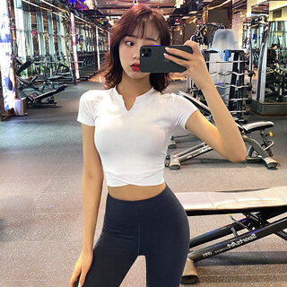 Aisunstyle european and american ins internet celebrity tight-fitting fitness wear for women in summer quick-drying navel-baring slimming sports t-shirt breathable short yoga top white m (recommended 95-118jin jin equals about 0.5kg)