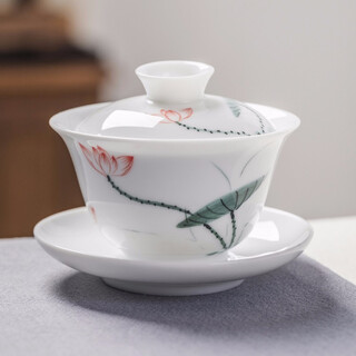 Weigu hand-painted three-cai bowl tea cup tea large single white porcelain kung fu tea set blue and white three fort ceramic chinese style small fresh lotus big red lotus (full cup 200ml)