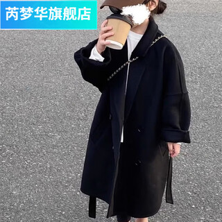 芮梦华童装女童毛呢大衣2025新款冬季洋气加厚保暖儿童长款呢子外套 黑色 150 建议身高152cm以内