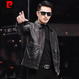 Pierre cardin 2025 new haining sheepskin genuine leather jacket men's slim motorcycle lapel leather jacket korean style casual jacket black 3xl 155-170jin jin equals 0.5 kg