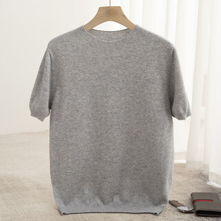 Ordos city 100% australian wool knitted short-sleeved men's loose large size round neck t-shirt solid color simple light gray m 120-140jin jin equals 0.5 kg