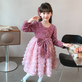Annie youer high-end girls princess dress autumn and winter 2024 new little girl birthday dress children's style plus velvet dress pink + hairpin 110
