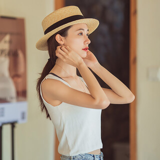 Somubay straw hat women's ins internet celebrity same style wheat straw flat top flat edge sunscreen uv british top hat small brim sun hat women summer cm-112 original grass color black belt adjustable