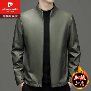 Pierre cardin high-end genuine leather men's jacket spring, autumn and winter motorcycle slim casual middle-aged men's first-layer genuine cowhide jacket, stand-up collar green plus velvet 170/m