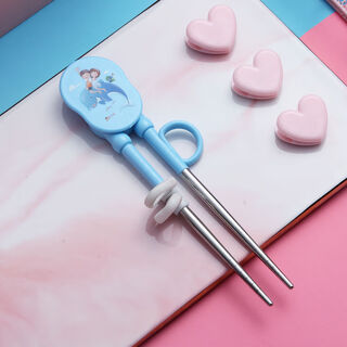 Children's chopsticks, baby practice training chopsticks, baby spoon, food spoon, learning spoon, fork, stainless steel tableware set, blue dolphin practice chopsticks (without box)