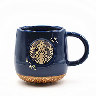Starbucks cup office coffee cup ceramic large capacity water cup solid color copper seal mug with lid mid-autumn festival dark blue single cup original box 0 pieces 0ml