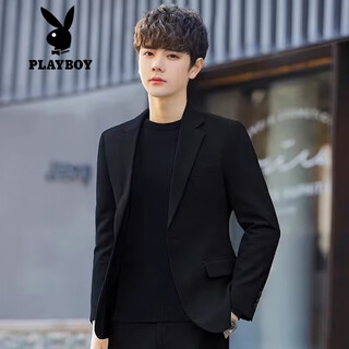 花花公子（PLAYBOY）轻奢休闲西装男士外套修身感韩版痞帅气新款春秋季小西服上衣 黑色 L 【110-130斤】