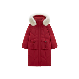 Peacebird 2024 winter horn button fur collar long down jacket a1ace4492 red s