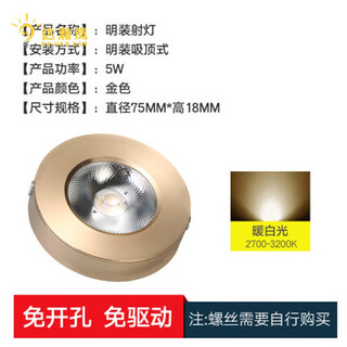 Ultra-thin surface-mounted small spotlight led hole-free 3w downlight ceiling 5w mini cob wine cabinet display light chinese wood grain gold 5w warm light