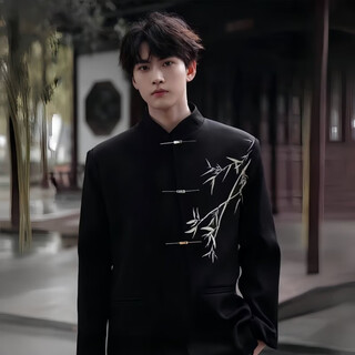 Jiaye (jiaye) new chinese style suit jacket men's niche design chinese style suit style stand-up collar top shoulder padded tunic suit black green bamboo xl
