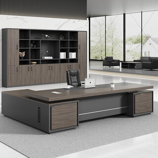 Dilin boss desk desk supervisor manager desk simple modern office furniture leadership table and chair combination single executive desk ebony wood with iron gray (long cabinet on the right) 2 meters including double side cabinets + chairs + 2.4 meters bookcase