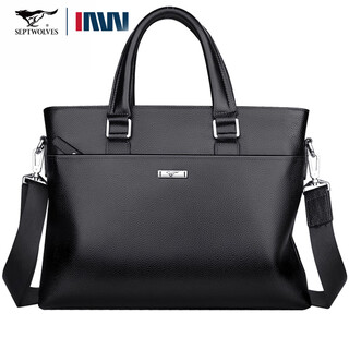 Septwolves men's handbag genuine leather briefcase genuine cowhide men's handbag pure leather horizontal crossbody bag computer bag soft leather black medium size