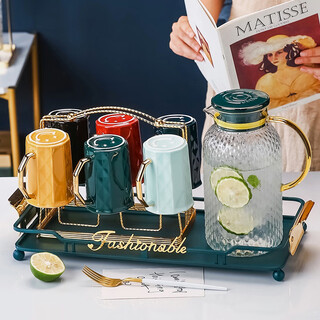 Mujingcun light luxury ceramic cup household water cup set european cup with tray living room set cup tea cup high temperature resistant cool kettle set wedding housewarming gift for couple light luxury water set 9 piece set + 6 spoons 552