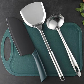 失传者菜刀菜板刀具不锈钢厨具加厚套装家用刀锋利切片刀切菜板宿舍厨房 墨绿菜板两件套+锅铲小勺