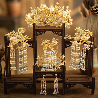 Meng junchen chinese style bridal headdress set golden style antique front and back crown ancient costume hair accessories xiuhe jewelry headdress set main recommendation