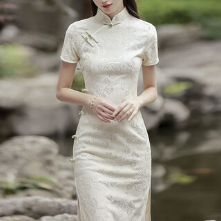 Du yanzhi cheongsam women's summer new style sexy and bone-breaking young girl high-end temperament french improved republic of china retro off-white 802 l (165) 100-110jin jin equals 0.5 kg (skirt length is about 115)
